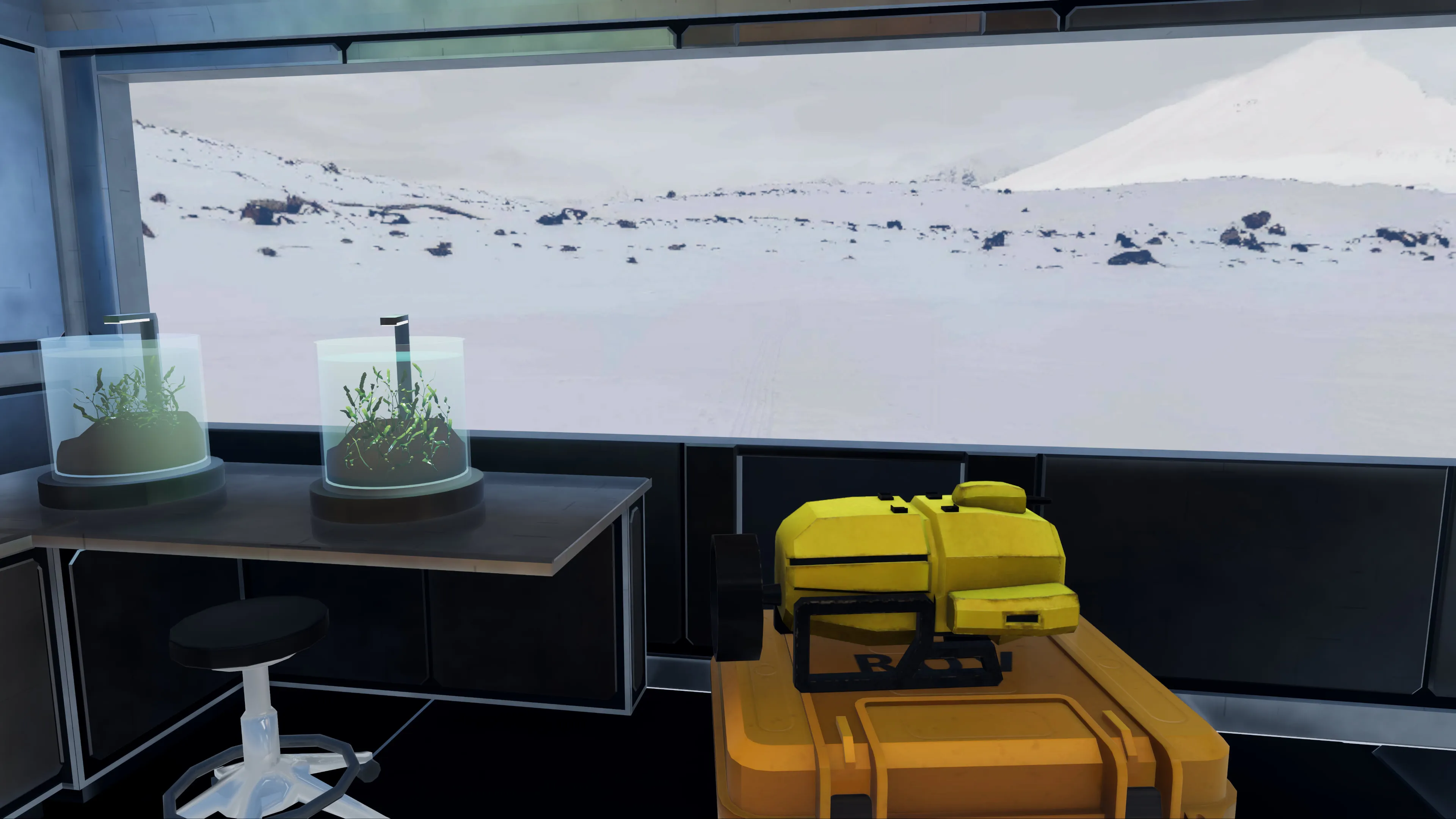 Specimen tanks on a lab bench inside the Arctic research base